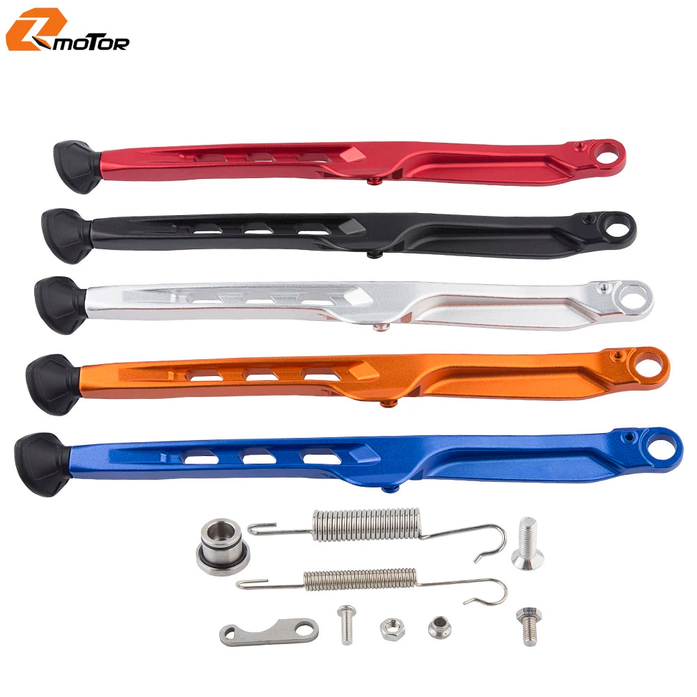 A set of motorcycle side stand kickstand components including various metal bars, springs, and bolts.