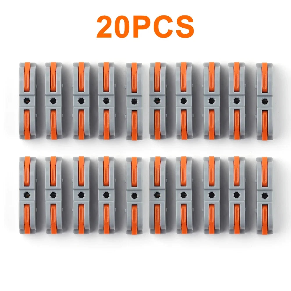 A row of 20 high-performance lever wire connectors in gray and orange plastic.