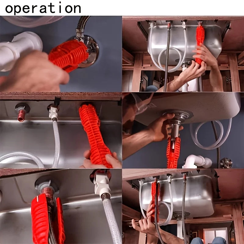 Close-up shots show hands using a heavy-duty adjustable faucet wrench set to tighten or loosen plumbing fixtures.