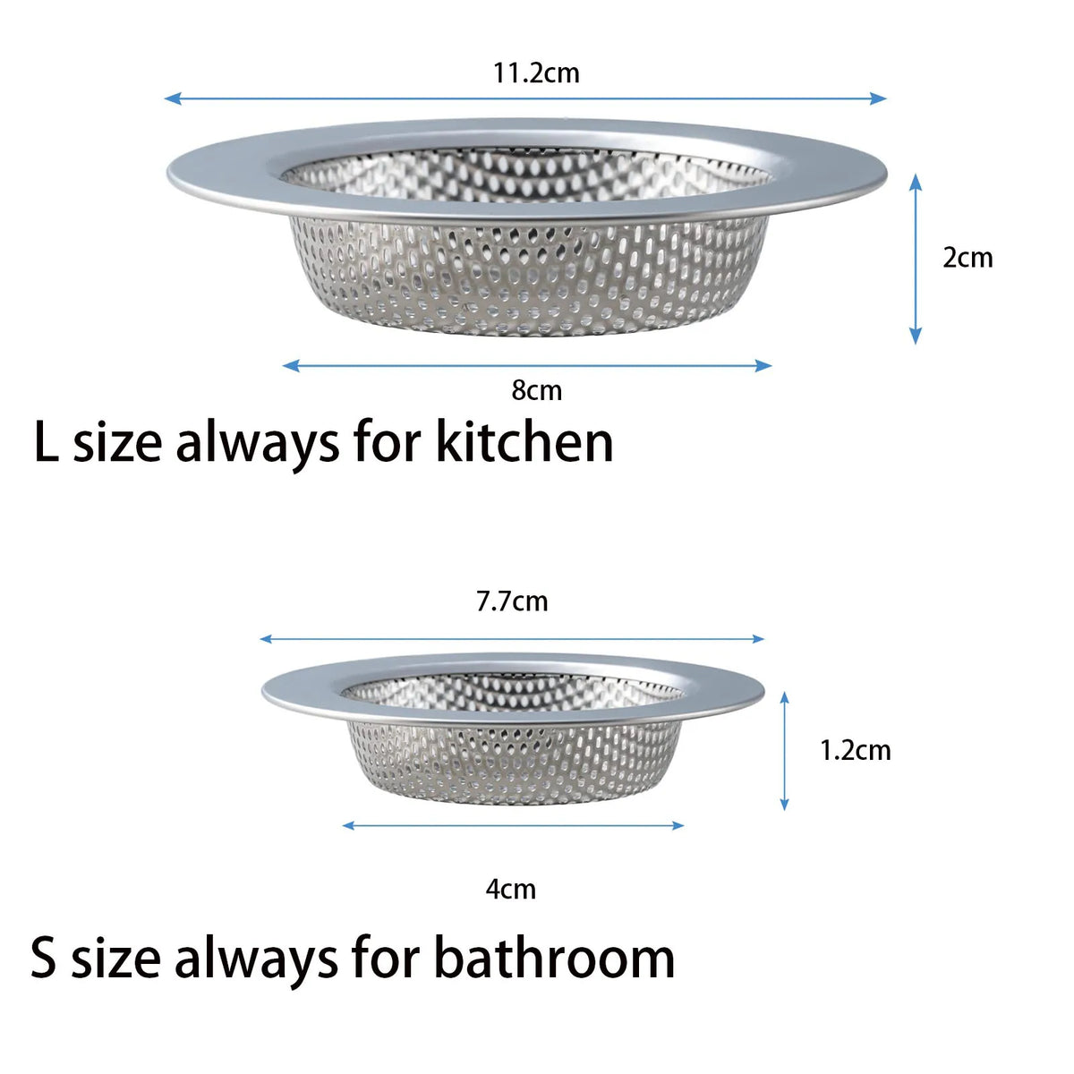 Dos coladores de desagüe de acero inoxidable, tamaño L para cocina y tamaño S para baño.
