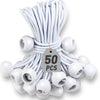 Un lot de cordes élastiques à balle robustes blanches avec une étiquette indiquant 50 pièces.
