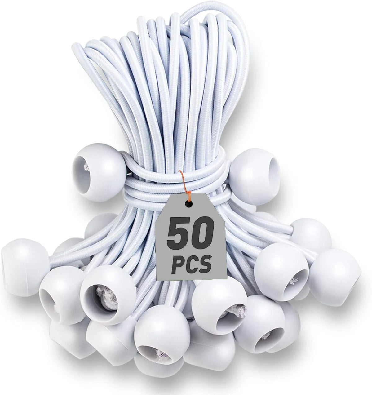 Un lot de cordes élastiques à balle robustes blanches avec une étiquette indiquant 50 pièces.