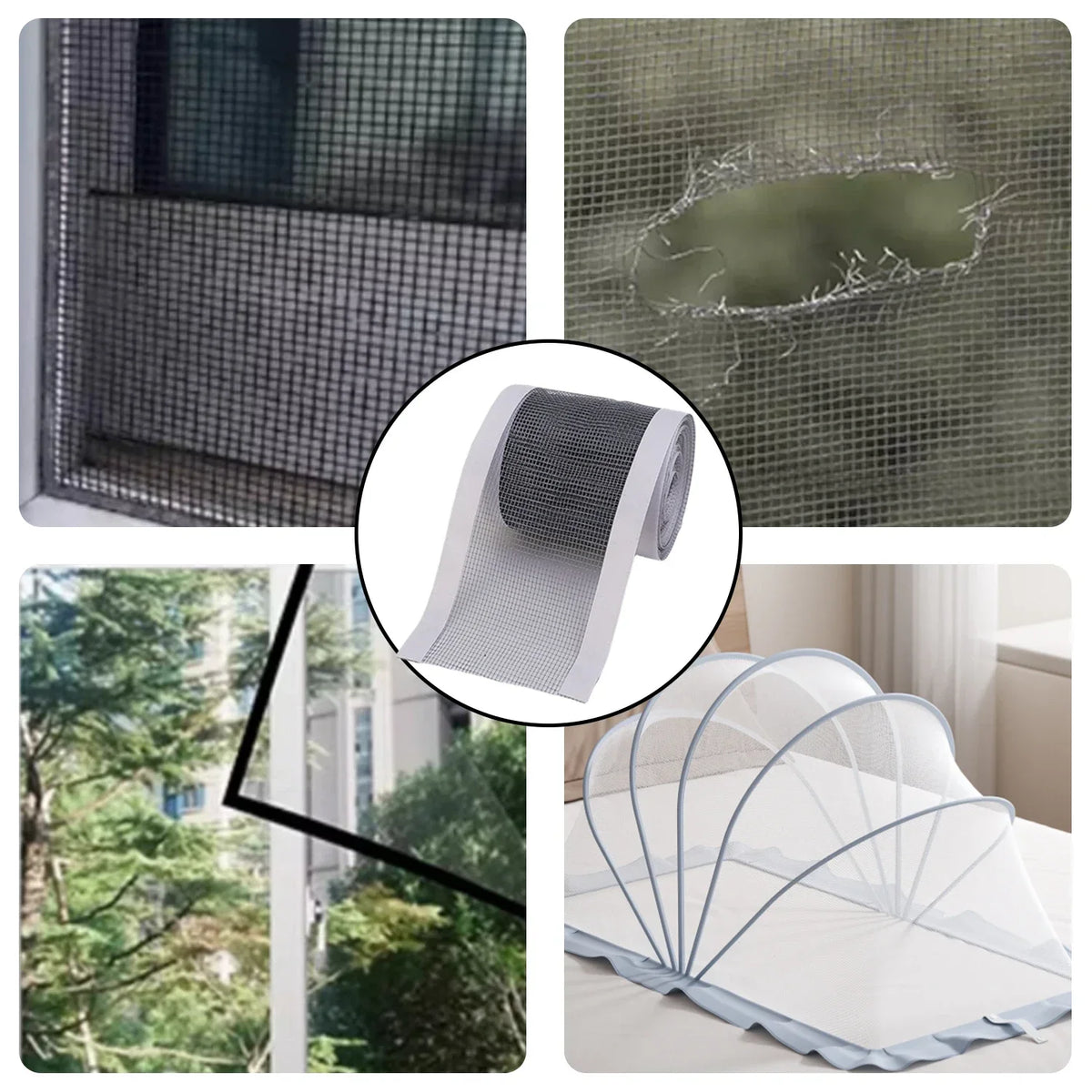 Rolle Reparaturklebe für Fenstergitter gezeigt neben beschädigten und reparierten Fensterscheiben.