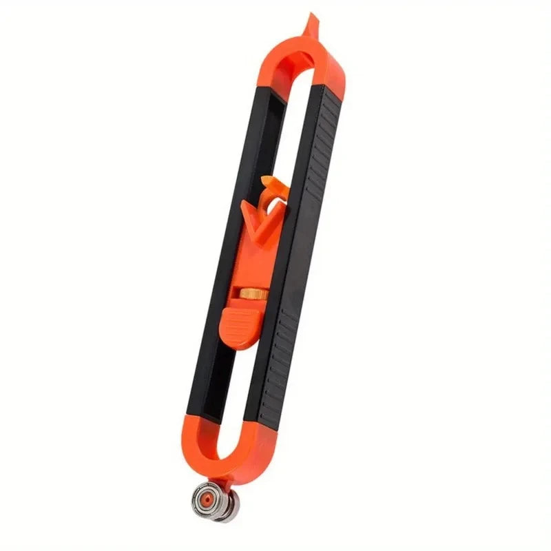 An orange and black precision scribing ruler used for woodworking.