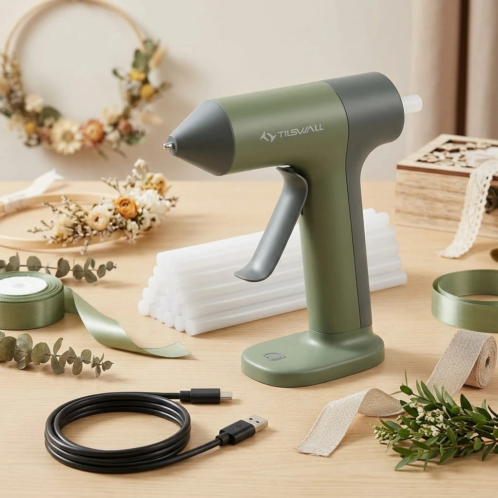 A cordless hot glue gun in a sage green color with an attached power cord and several glue sticks on a wooden surface.