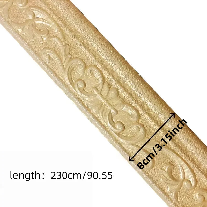 Close-up of gold textured wall trim decal showing decorative scrollwork and dimensions.