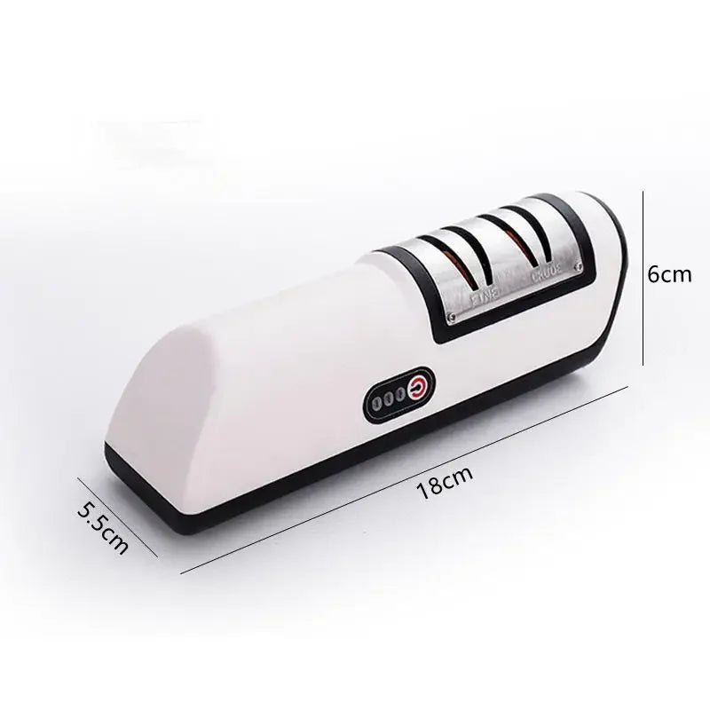 A white automatic electric kitchen knife sharpener with a black base and silver blades shown from the side.