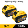 Two yellow lithium-ion batteries labeled 9.0Ah each for DeWalt power tools