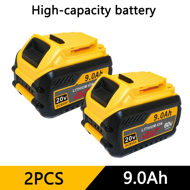 Two yellow lithium-ion batteries labeled 9.0Ah each for DeWalt power tools