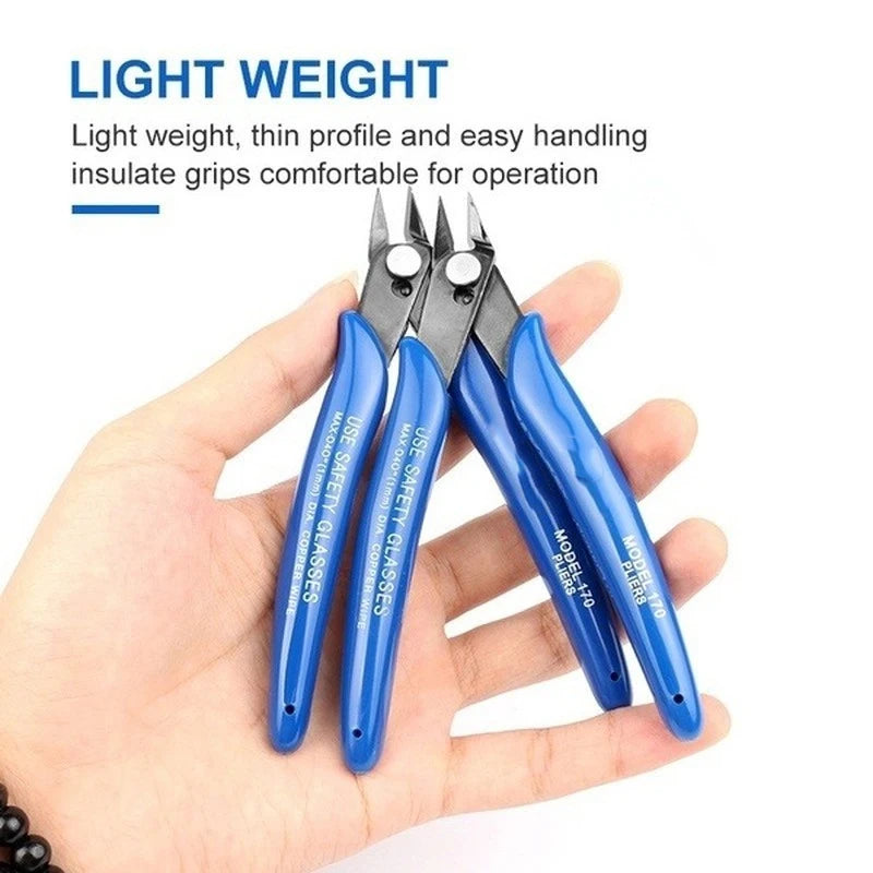 A hand holds a pair of blue diagonal pliers for wire and cable cutting.