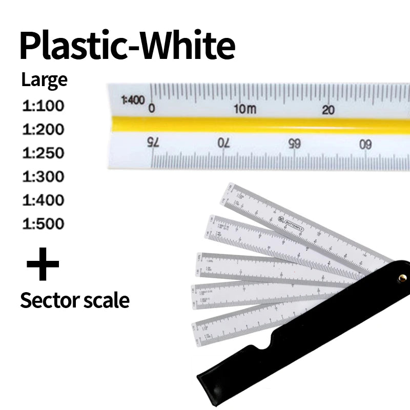 A plastic-white sector scale ruler with various magnification levels and a black handle.