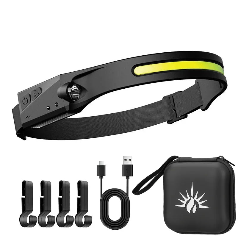 Black COB LED sensor headlamp with multi-mode flashlight and charging cable