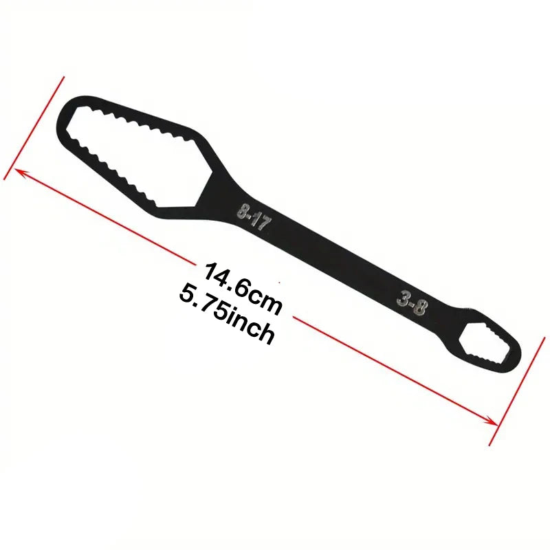 A black adjustable universal Torx wrench with an 8-17 size and a length of 14.6 cm or 5.75 inches.