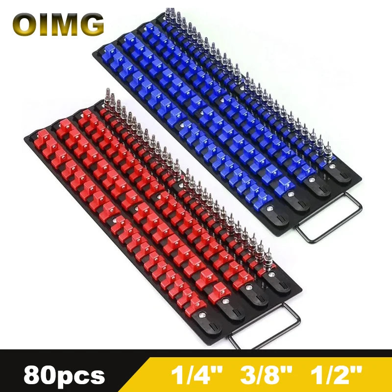 A set of heavy duty multi-size socket organizer racks with blue and red sockets.