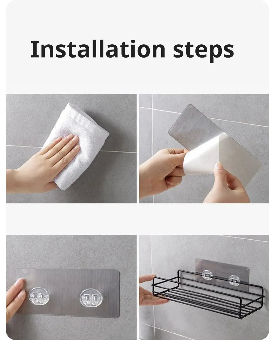Pasos de instalación mostrando el montaje de un estante organizador de baño metálico de pared.