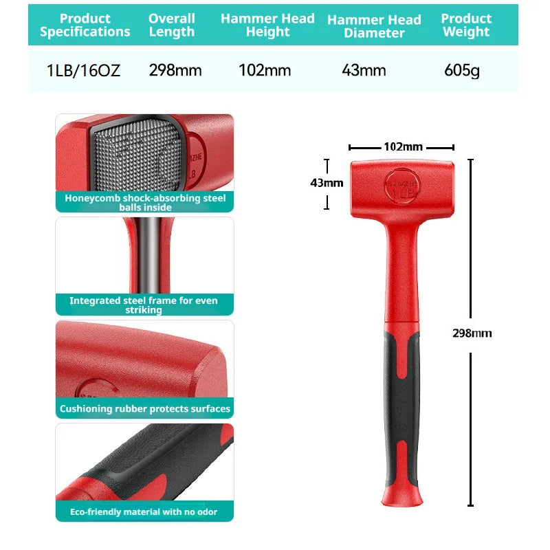 A red rubber hammer set showing specifications and a full view of the tool.