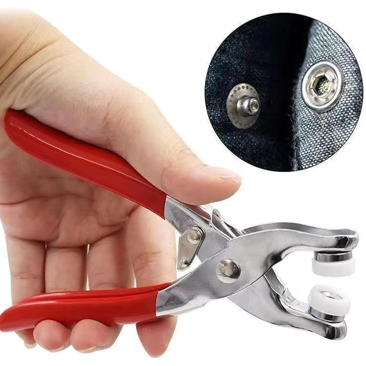 Una mano sostiene unas pinzas de metal rojo y plateado, con vista de cerca de las puntas negras y plateadas.