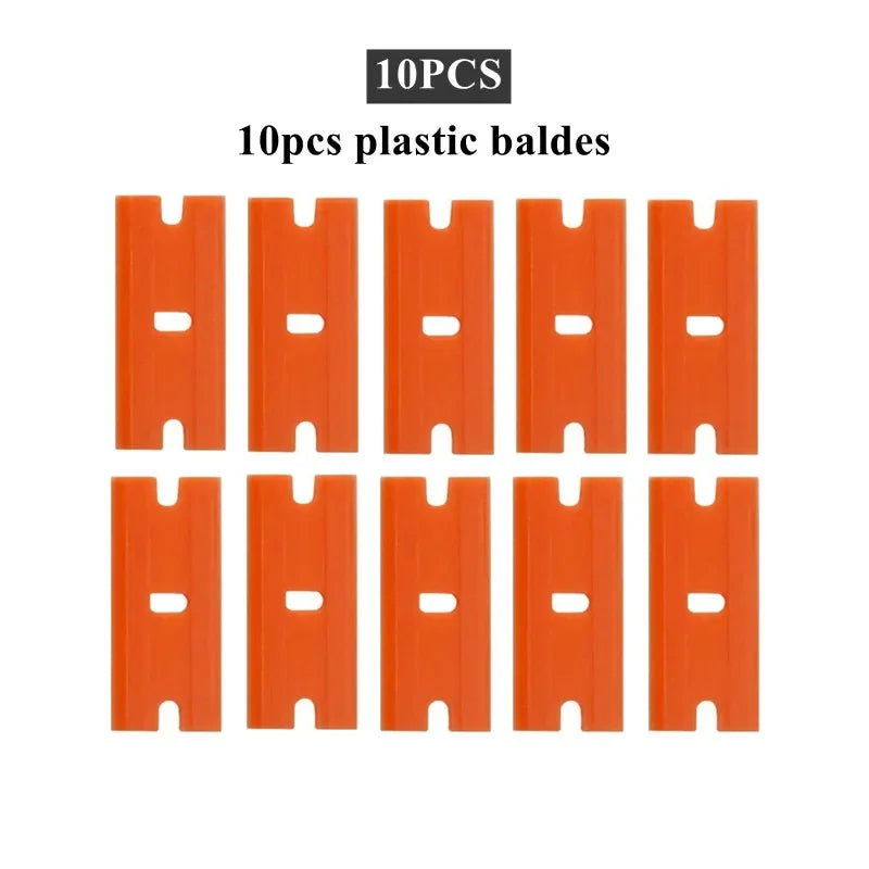 Ten orange plastic blades used in a multi-tool scraper for removing residue.