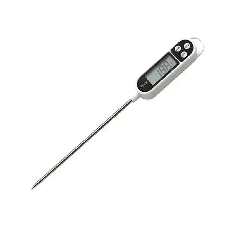 Thermomètre numérique blanc à viande et aliments avec une sonde longue et un affichage.