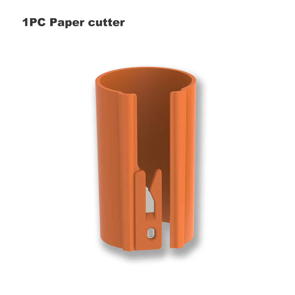 An orange sliding wrapping paper cutter tool.