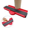 A red precision contour gauge and ruler is shown with a wooden dowel, demonstrating its measurement capabilities.