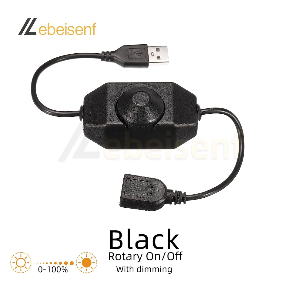 Black USB to DC LED controller cable with a rotary on/off switch and dimming feature