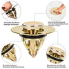Close-up view of a brass pop-up drain fitting showing its components and features.