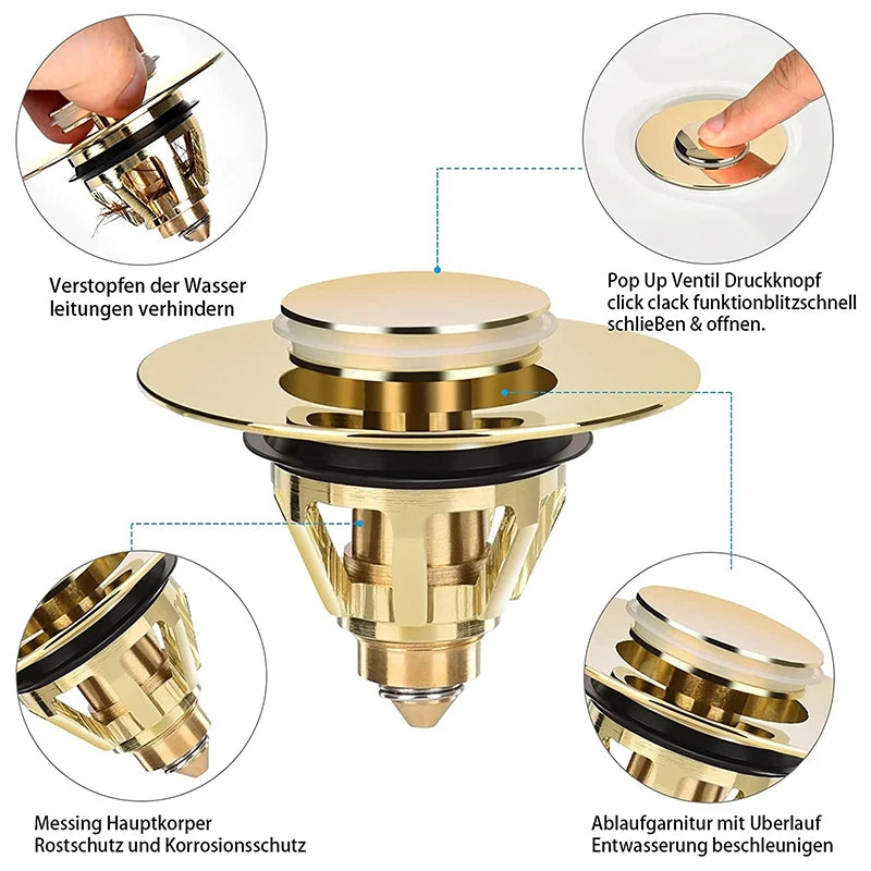 Close-up view of a brass pop-up drain fitting showing its components and features.
