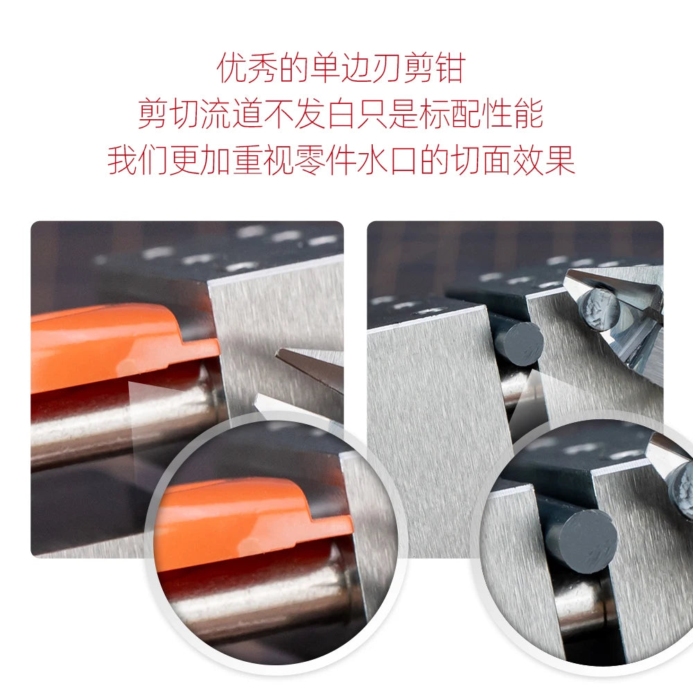 Close-up view of precision hobby nippers showing the cutting surface and mechanism.