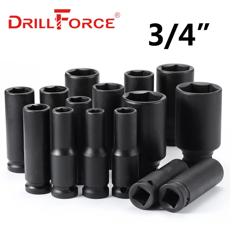A set of black 3/4 inch drill force impact sockets for automotive and repair work.