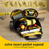 A yellow multi-pocket tool pouch with an expanded insert for storing various tools and hardware.