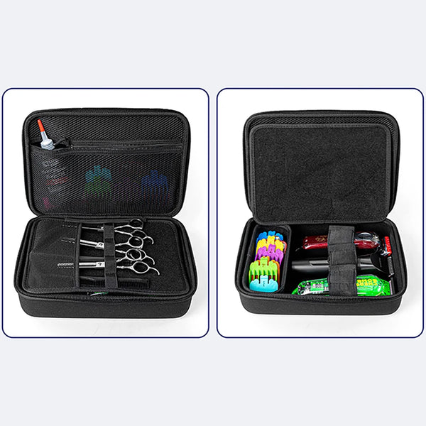 Estuche portátil negro para almacenar afeitadoras eléctricas y herramientas de arreglo personal.