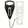 A black portable double hole door lock with a silver chain attached and a clear plastic key card.