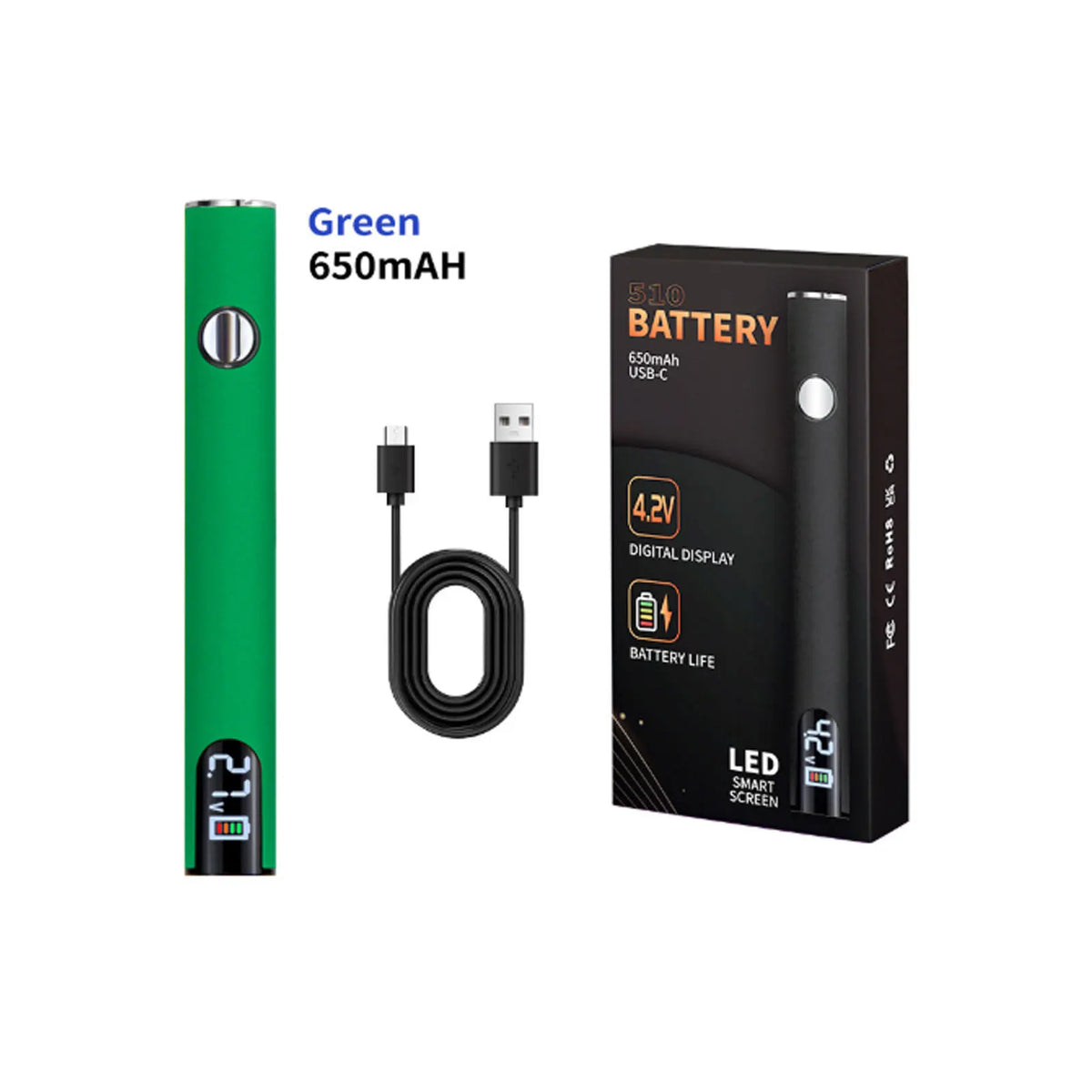 Green 650mAh battery and a black soldering iron kit with USB-C cable.