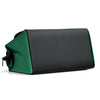 Una duradera bolsa de herramientas Oxford verde oscuro y negro, vista plana sobre un fondo blanco.