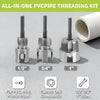 All-in-one PVC pipe threading kit showing various sizes of dies for 1/2, 3/4, and 1 inch pipes.