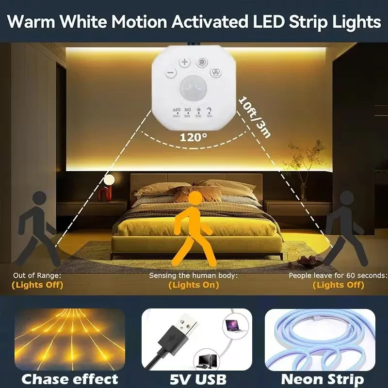 Warm white motion activated LED strip lights with a chasing neon effect illuminating a room.