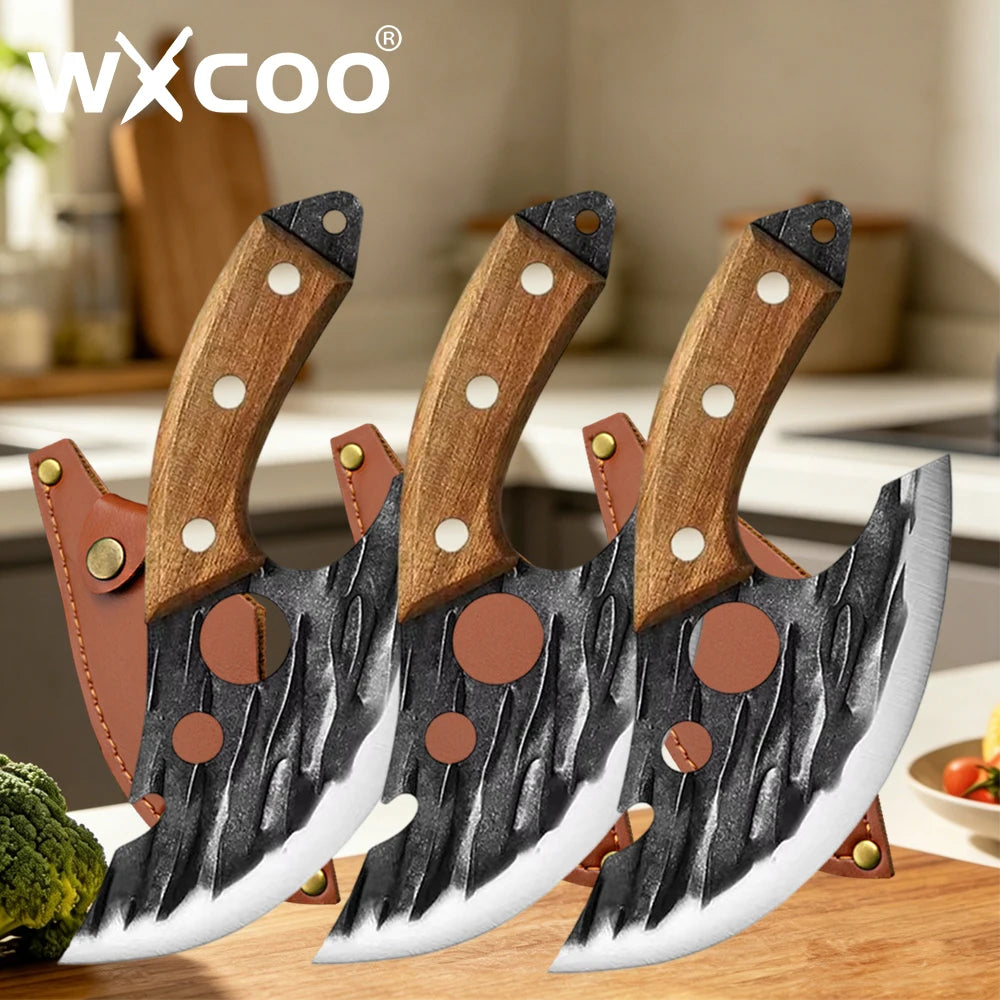 Three forged stainless steel boning knives with wooden handles and bottle openers displayed on a wooden surface.