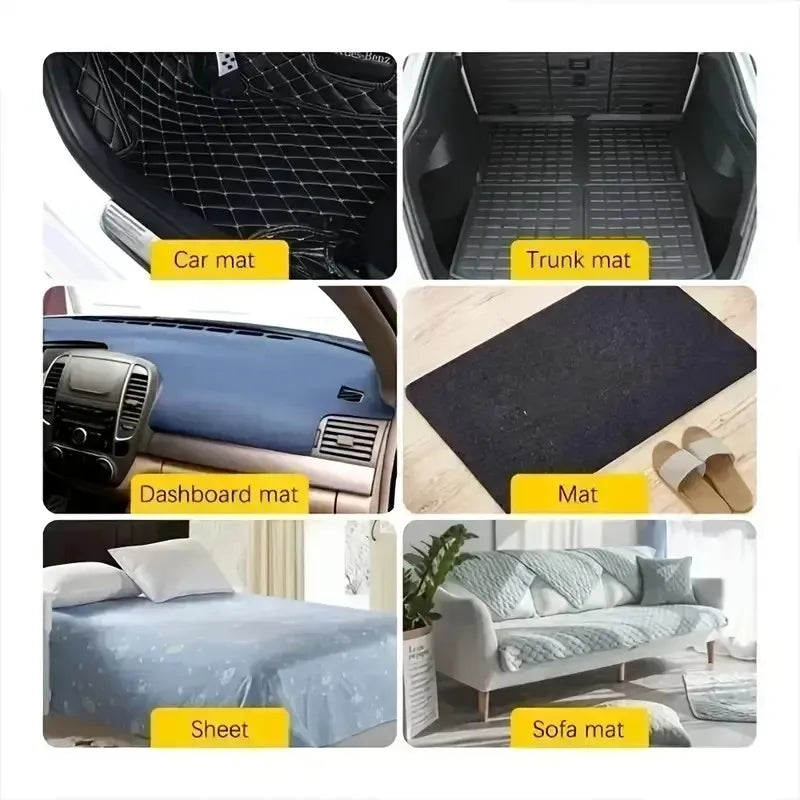 Various mats including car, trunk, dashboard, and sofa mats, along with a sheet.