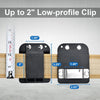 A black low-profile clip is shown attached to a tan tool belt, demonstrating its size and function.