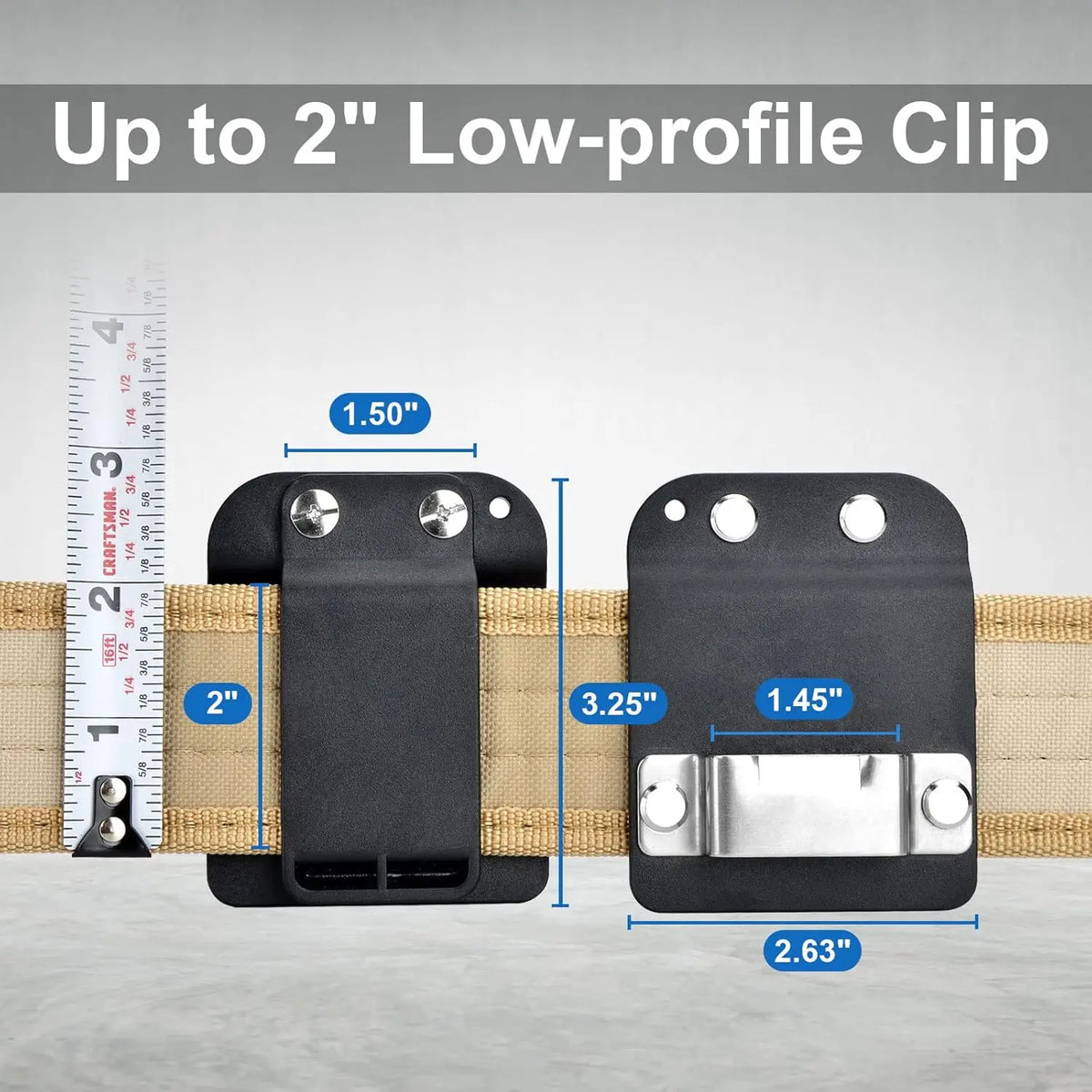 A black low-profile clip is shown attached to a tan tool belt, demonstrating its size and function.