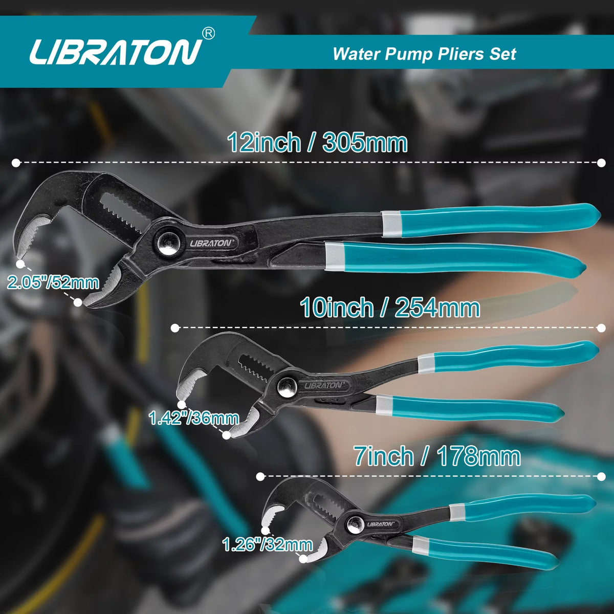 A set of four graduated water pump pliers in black and blue handles shown against a dark background.