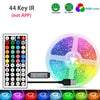 A flexible RGB LED strip light featuring 44 key infrared modes, demonstrating various color patterns and dimming capabilities