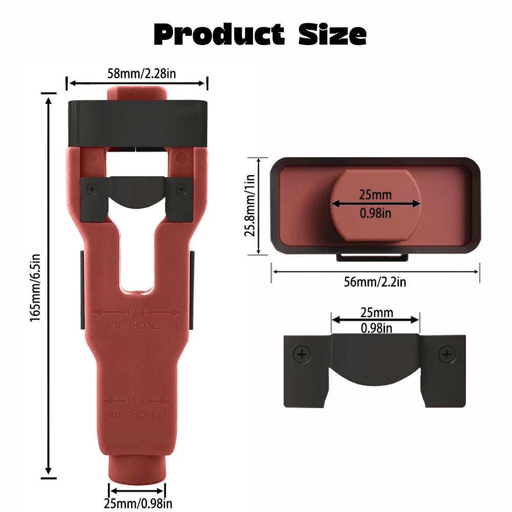 A red door latch mortise installation tool kit showing various dimensions and components.