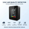 A black 5 in 1 air quality detector displaying real-time measurements for CO2, HCHO, and TVOC levels.