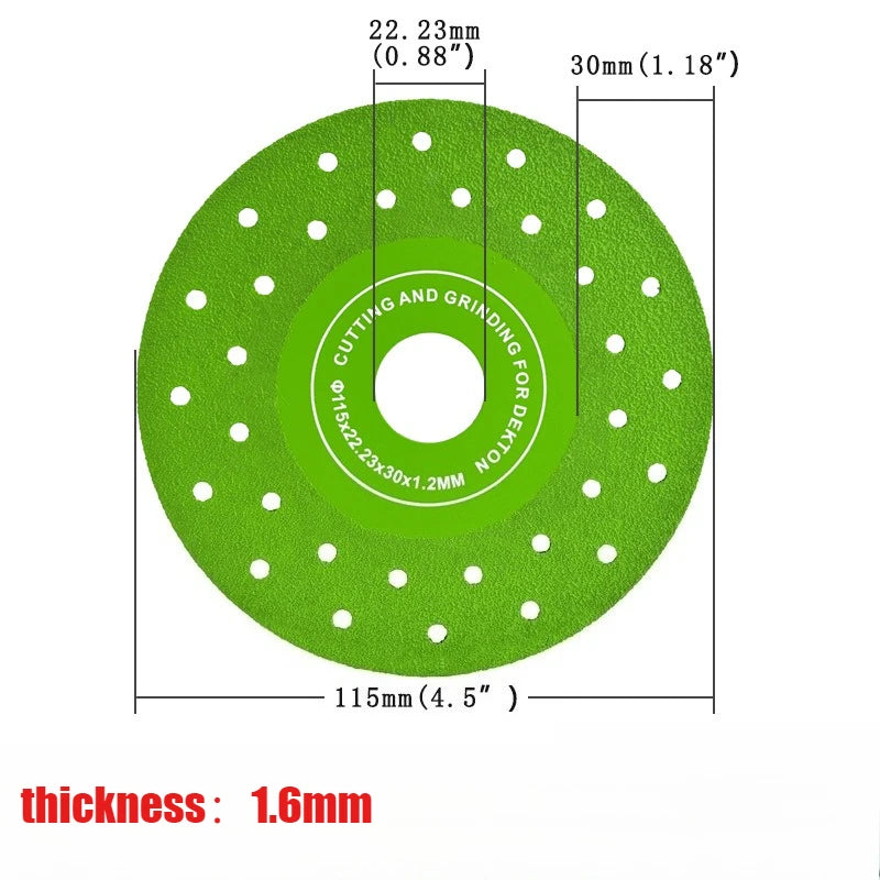 A green precision diamond cutting disc with a 1.6mm thickness and various diameter markings.