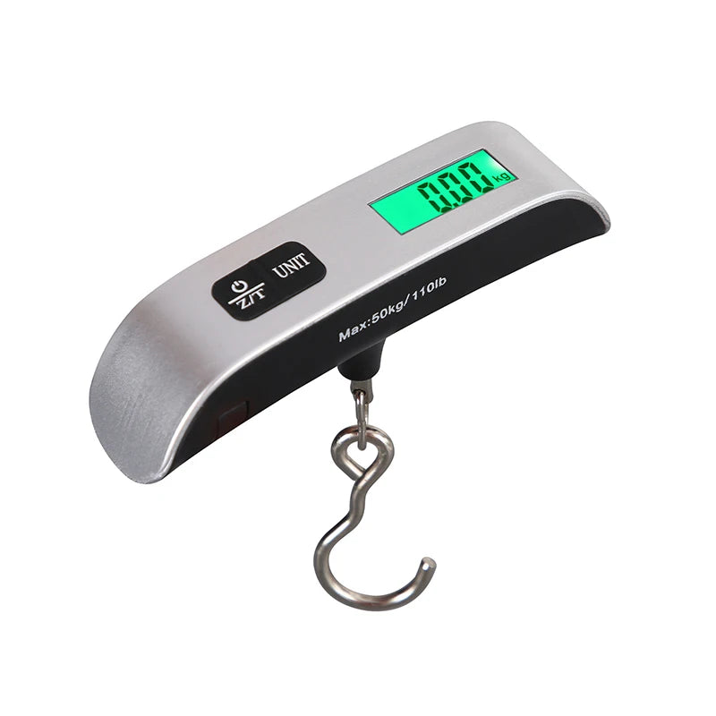 A digital hanging luggage scale with a green display showing 0.00 kg and a metal hook.