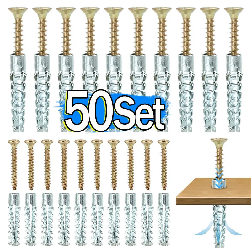 Un jeu de 50 vis d'expansion métalliques à denture pour ancrages en béton, dans diverses finitions et longueurs.