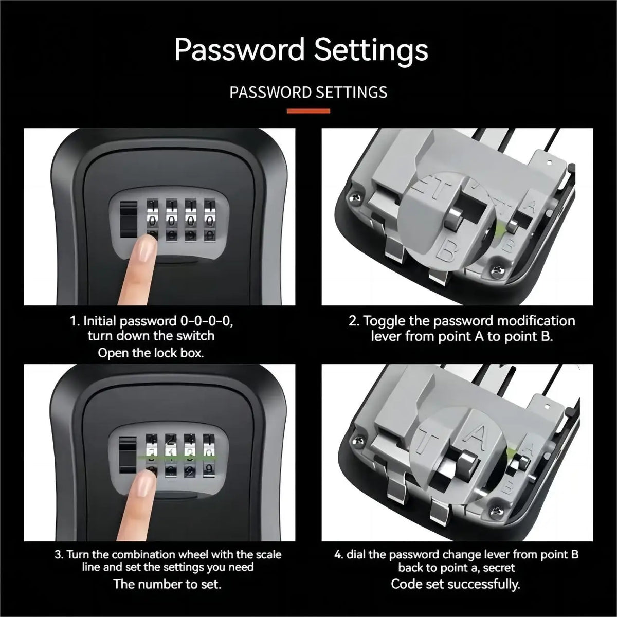 Instructions for setting a password on a durable outdoor key storage box, showing steps to open and set the combination.