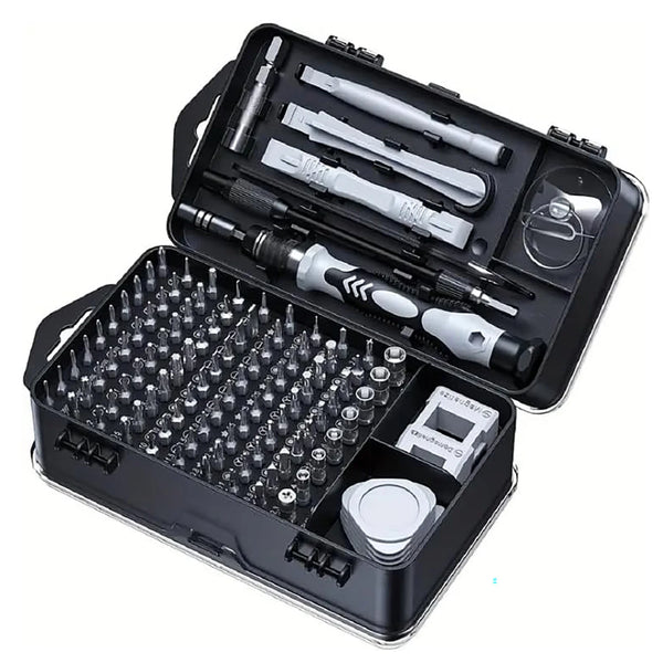 A black precision screwdriver repair kit with various tools and tips laid out in an open case.